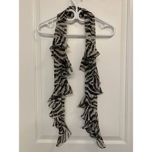 Y2K Zebra Print Ruffle Skinny Scarf Sheer Chiffon Lettuce Edge Indie Sleaze